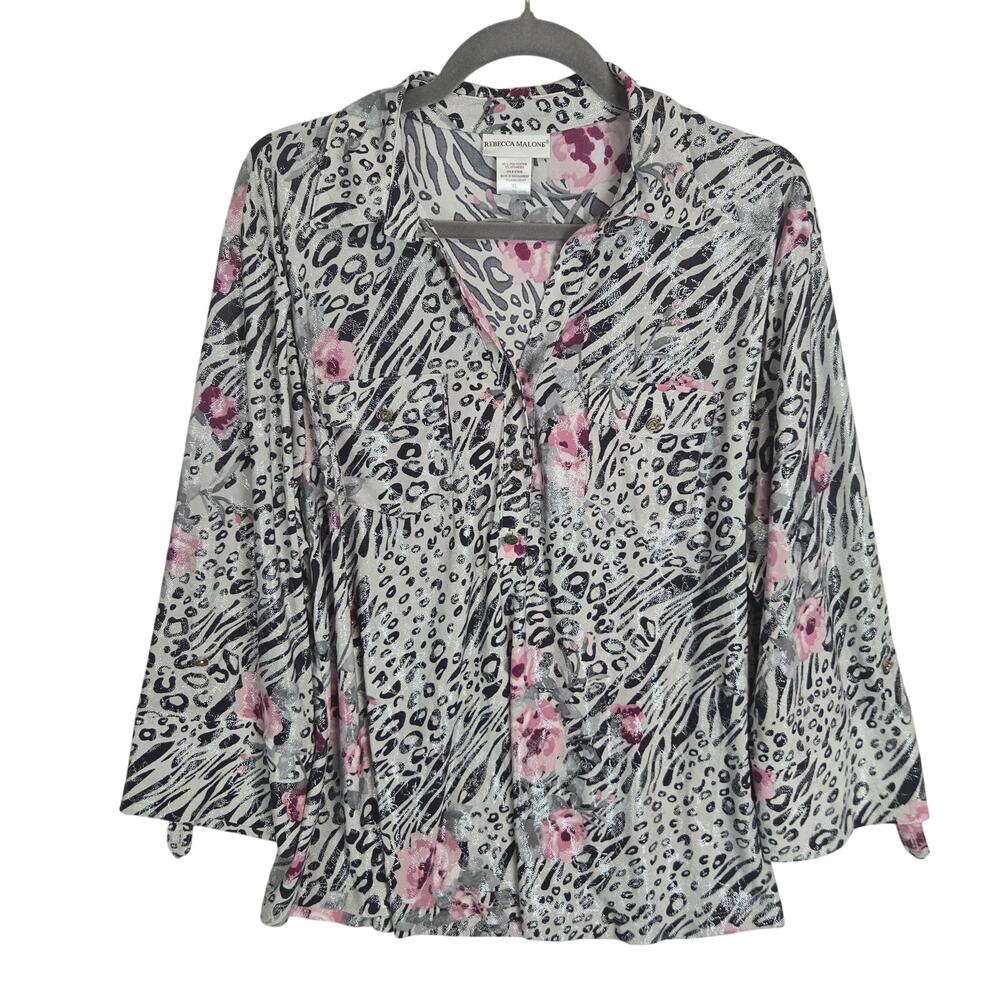 Rebecca Malone Pink Rose Metallic Cheetah Blouse XL Shirt Bling Gala City Event